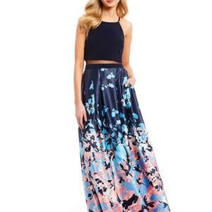Betsy & Adam Women's Navy Blue Halter Floral Print Maxi Dress Size 4 made in USA